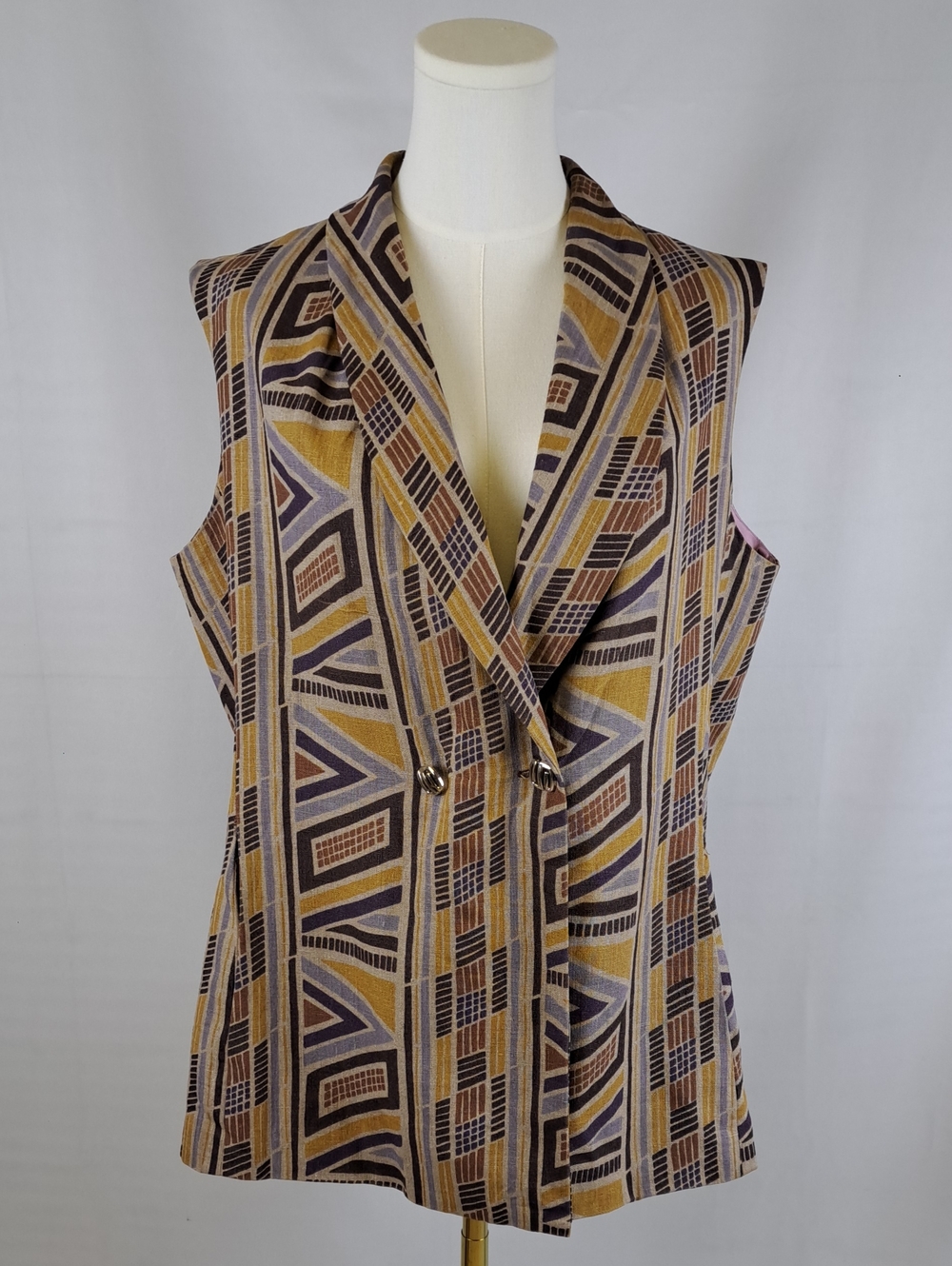 VTG Marcella Picardi 100% Linen Double Breasted Vest Earth Tone Geometric Print
